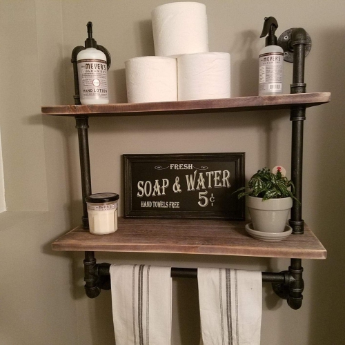 FODUE Industrial Pipe Shelf, Rustic Wall Shelf with Towel Bar,24" Towel Racks for Bathroom,2-Layer Pipe Shelves Wood Shelf Shelving Rustic