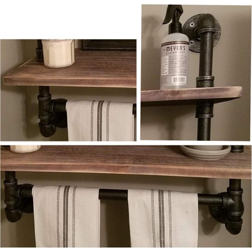 FODUE Industrial Pipe Shelf, Rustic Wall Shelf with Towel Bar,24" Towel Racks for Bathroom,2-Layer Pipe Shelves Wood Shelf Shelving Rustic