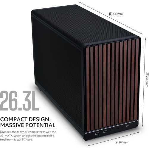Lian Li A3-mATX-WD-26.3L Micro Form Factor Chassis - Black, Wood Front Panel, Supports 360mm AIO, M-ATX/ITX, Modular Design