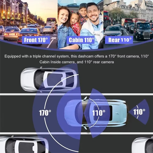 1296P+480P+480P 3 Channel Dash Cam Wide Angle for Cars Front, Inside and Rear and 32GB SD Card Included with Loop Recording and G-Sensor