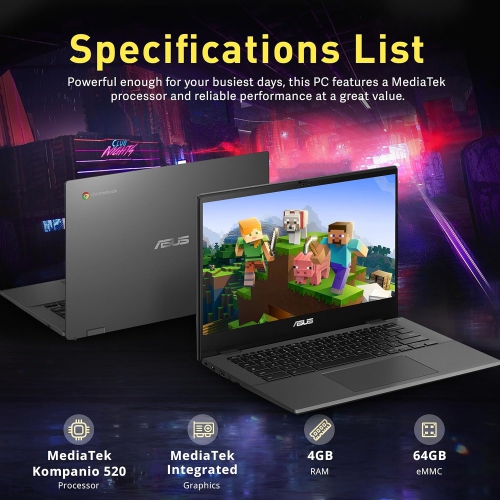 Open Box - ASUS Chromebook CM1402 14" FHD Anti-Glare Laptop, MediaTek Kompanio 520, 64GB eMMC, 4GB RAM, 720p Camera, Wi-Fi 6, Bluetooth, Chrome OS,