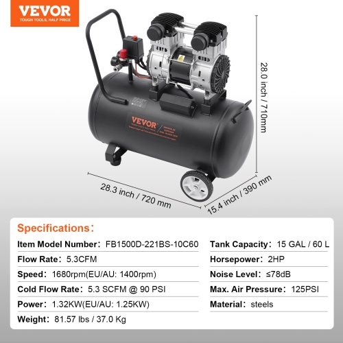 VEVOR 15 Gallon Air Compressor, Steel Tank, 2HP 5.3 CFM@90 PSI Oil Free Air Compressor & Max. 125PSI Pressure, 78dB Ultra Quiet Portable Compressor,