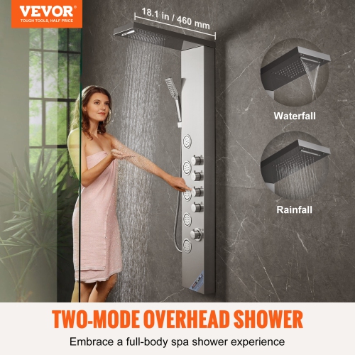 VEVOR 4 Shower Modes Shower Panel System, Rainfall, Waterfall, 5 Full Body Massage Jets and 3-Setting Handheld Shower Head with 59" Hose, Stainless