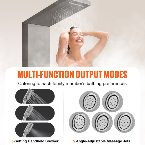 VEVOR 4 Shower Modes Shower Panel System, Rainfall, Waterfall, 5 Full Body Massage Jets and 3-Setting Handheld Shower Head with 59" Hose, Stainless