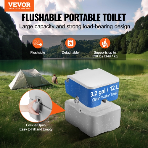 VEVOR 5.3 Gal Portable Toilet for Camping, Porta Potty with Carry Bag, 3.2 Gal Flush Tank, Push-Button Pressurized Flush Commode, Leak-proof and