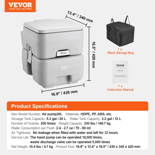 VEVOR 5.3 Gal Portable Toilet for Camping, Porta Potty with Carry Bag, 3.2 Gal Flush Tank, Push-Button Pressurized Flush Commode, Leak-proof and