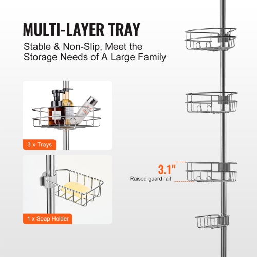VEVOR 39" to 125" High Shower Corner Caddy Tension Pole, Multi-Functional Shower Tension Pole with Strong Load-Bearing Tray,Rust-Proof