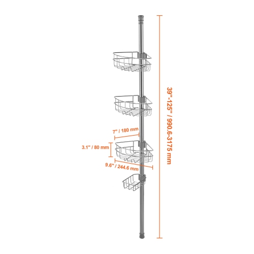 VEVOR 39" to 125" High Shower Corner Caddy Tension Pole, Multi-Functional Shower Tension Pole with Strong Load-Bearing Tray,Rust-Proof