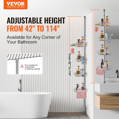 VEVOR 42" to 114" High Shower Corner Caddy Tension Pole, Multi-Functional Shower Tension Pole with Strong Load-Bearing Tray,Rust-Proof
