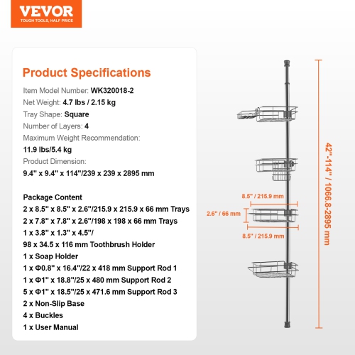 VEVOR 42" to 114" High Shower Corner Caddy Tension Pole, Multi-Functional Shower Tension Pole with Strong Load-Bearing Tray,Rust-Proof