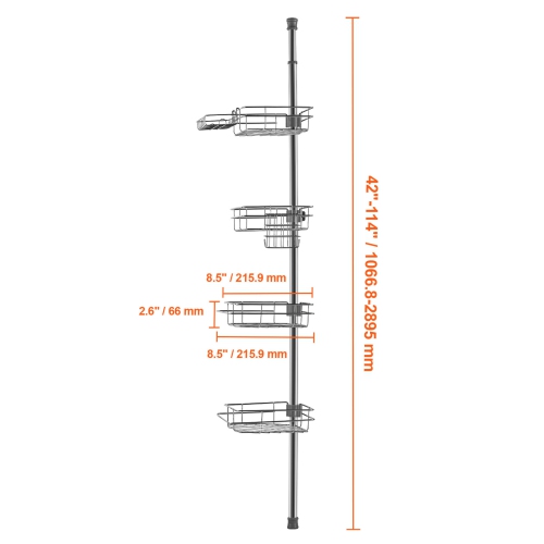 VEVOR 42" to 114" High Shower Corner Caddy Tension Pole, Multi-Functional Shower Tension Pole with Strong Load-Bearing Tray,Rust-Proof