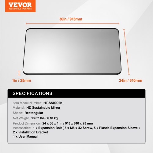 VEVOR 0.15" Thick Wall Mounted Makeup Mirror, 24" x 36" Mirror with Aluminium Alloy Frame & Explosion-Proof Film, Scratch-Resistant Mirror with