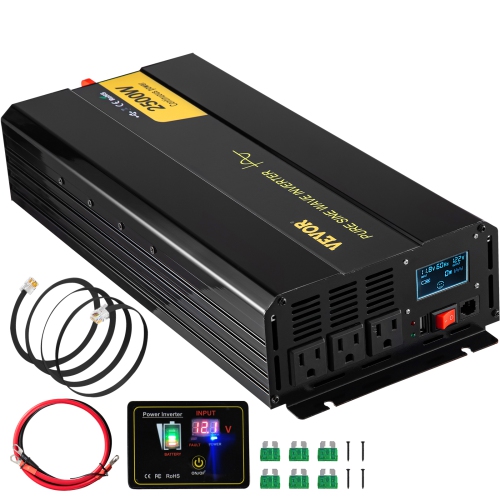 VEVOR 2500 Watt Pure Sine Wave Inverter, DC 12V to AC 120V Car Inverter, with USB Port, LCD Display, and Remote Controller Power Converter, for RV