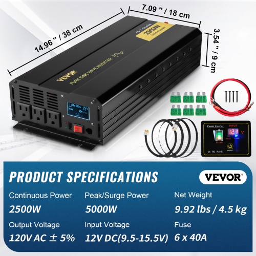 VEVOR 2500 Watt Pure Sine Wave Inverter, DC 12V to AC 120V Car Inverter, with USB Port, LCD Display, and Remote Controller Power Converter, for RV