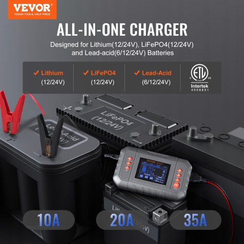 VEVOR 35-Amp Smart Battery Charger, Lithium LiFePO4 Lead-Acid Car Battery Charger with LCD Display, Trickle Charger Maintainer Desulfator for Boat