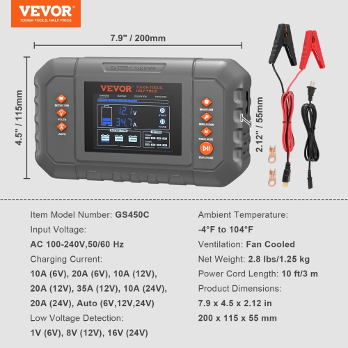VEVOR 35-Amp Smart Battery Charger, Lithium LiFePO4 Lead-Acid Car Battery Charger with LCD Display, Trickle Charger Maintainer Desulfator for Boat