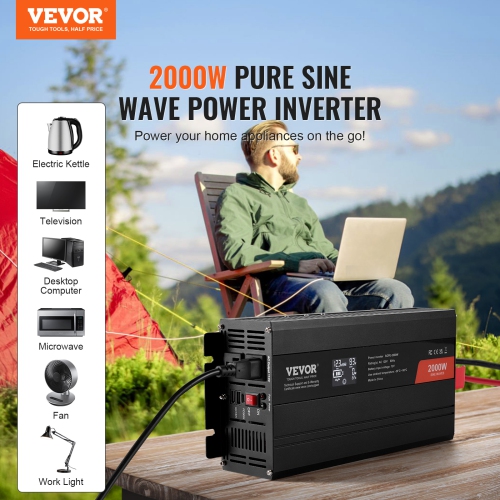 Onduleur à onde sinusoïdale pure de 2000 W de VEVOR, onduleur 12&nbsp;V c.c. à 110&nbsp;V c.a. avec 2 prises c.a., 2 port USB 1 de type C, écran LCD