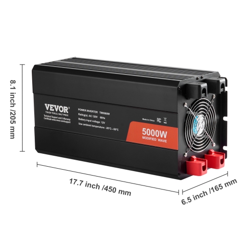 Onduleur à ondes sinusoïdales modifié VEVOR 5000&nbsp;W, convertisseur de courant continu 12&nbsp;V à 120&nbsp;V c.a. avec 6 prises c.a., 2 port USB