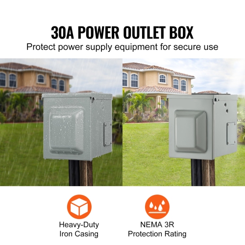 VEVOR 30 Amp RV Power Outlet Box, 125/250 Volt, Enclosed Lockable Outdoor RV Receptacle Box, NEMA TT-30R Weatherproof Electrical Panel, for RV Camper