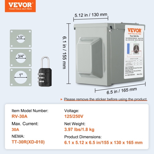 VEVOR 30 Amp RV Power Outlet Box, 125/250 Volt, Enclosed Lockable Outdoor RV Receptacle Box, NEMA TT-30R Weatherproof Electrical Panel, for RV Camper