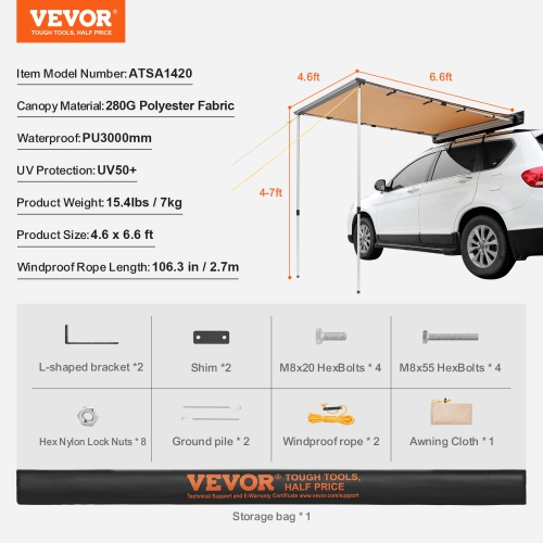 VEVOR 4.6'x6.6' Car Side Awning, Large Shade Coverage Vehicle Awning, PU3000mm UV50+ Retractable Car Awning with Waterproof Storage Bag, Suitable for