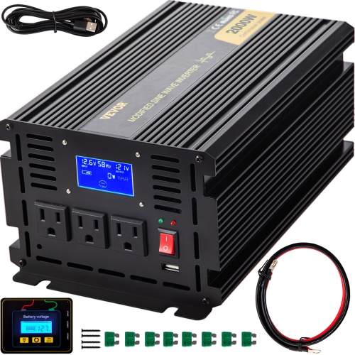VEVOR 2000W Power Inverter, Modified Sine Wave Inverter, DC 12V to AC 120V Car Converter, with LCD Display, Remote Controller, LED Indicator, AC