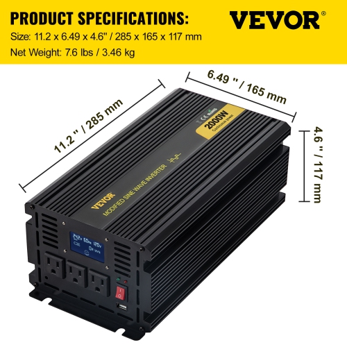VEVOR 2000W Power Inverter, Modified Sine Wave Inverter, DC 12V to AC 120V Car Converter, with LCD Display, Remote Controller, LED Indicator, AC