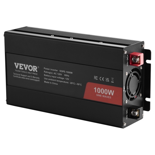 VEVOR 1000W Sine Wave Converter, DC 12V to AC 120V, with Dual AC Sockets, 1 USB, 1 Type-C, Remote Operation for Portable Electronics, CE FCC Approved