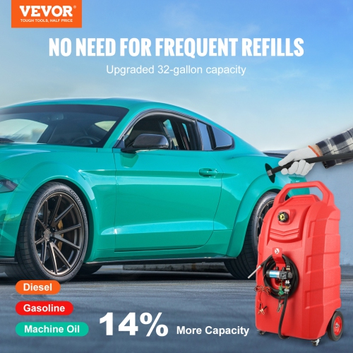 VEVOR 32 Gallon Fuel Caddy, Portable Fuel Storage Tank On-Wheels, with 12V DC Transfer Pump, Gasoline Diesel Fuel Container with 8.2 ft Hose, Flow