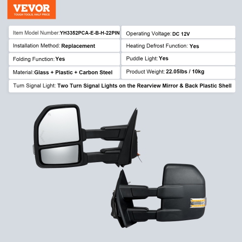 VEVOR 2015-2018 Ford F150 Towing Mirrors, Left & Right Pair Set, Power Heated with Signal Light & Puddle Light, Plane & Convex Glass, Manual