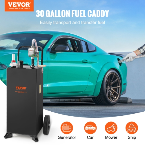 VEVOR 30 Gallon Gas Caddy, Fuel Storage Tank with Wheels, Portable Fuel Caddy with Manuel Transfer Pump, Gasoline Diesel Fuel Container for Cars,