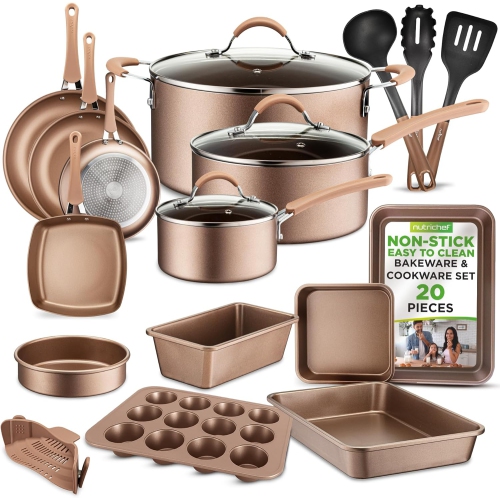 Image 1 of 5.. Nutrichef Nonstick Kitchen Cookware Set 20-Piece - Matt Gold