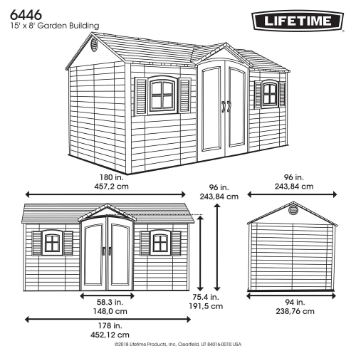 LIFETIME 8' X 15' Outdoor Storage Shed with Shutters, Windows, and Skylights