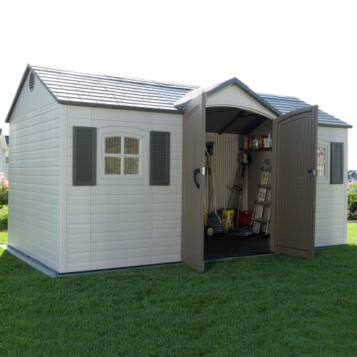 LIFETIME 8' X 15' Outdoor Storage Shed with Shutters, Windows, and Skylights