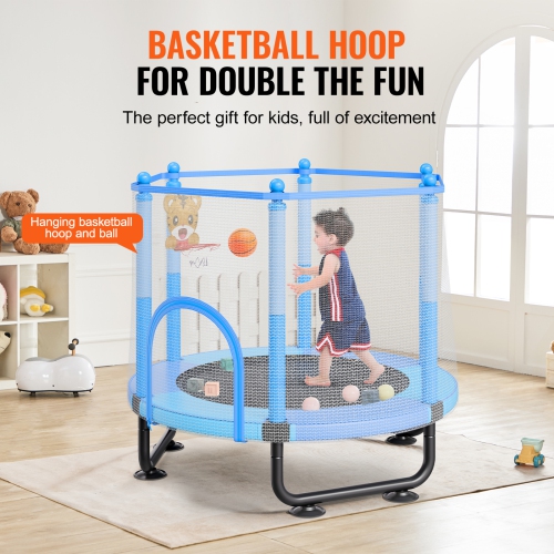 VEVOR 60" Kids Trampoline, 5FT Indoor Outdoor Trampoline, Mini Toddler Recreational Trampolinewith Safety Enclosure Net and Basketball Hoop, Gifts