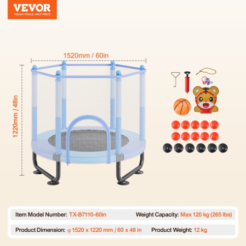 VEVOR 60" Kids Trampoline, 5FT Indoor Outdoor Trampoline, Mini Toddler Recreational Trampolinewith Safety Enclosure Net and Basketball Hoop, Gifts