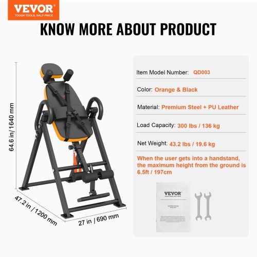 VEVOR 300lbs Capacity Inversion Table, Heavy Duty Inversion Table, Decompression Back Stretcher Machine, Strength Training Equipment with Headrest,