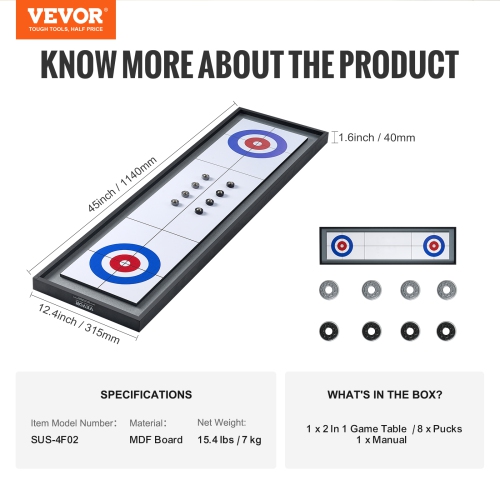 Jeu de palets et curling 2 en 1 de VEVOR, ensemble de table portatif de 45 po, jeu de palets à deux côtés avec 8 rondelles, jeu de palets et jeu
