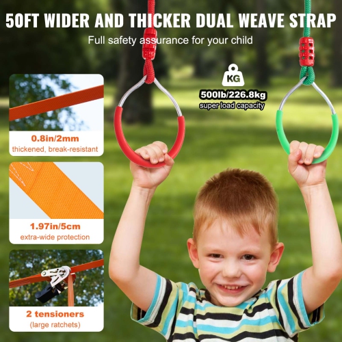 VEVOR Ninja Warrior Obstacle Course for Kids, 2 x 50 ft Weatherproof Slacklines, 500lbs Weight Capacity Monkey Line, Backyard Toys Training Equipment