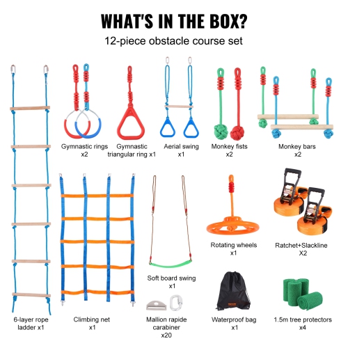 VEVOR Ninja Warrior Obstacle Course for Kids, 2 x 50 ft Weatherproof Slacklines, 500lbs Weight Capacity Monkey Line, Backyard Toys Training Equipment