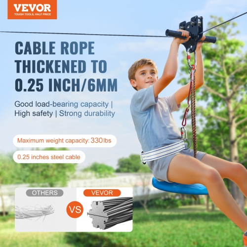 VEVOR 160 ft Zipline Kit for Kids and Adult, Zip Line Kits Up to 500 lb, Backyard Outdoor Quick Setup Zipline, Playground Entertainment with