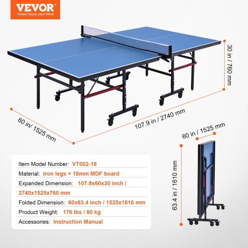 VEVOR Ping Pong Table, Professional Table Tennis Game, Indoor MDF Portable Table Tennis Table, Foldable Ping Pong Table with Quick Clamp Net,10