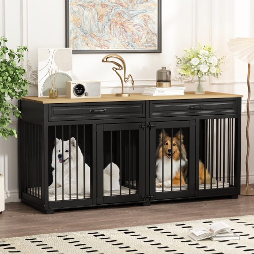 Famapy Elegant Double-Door Dog Crate Cabinet with Two Drawers and Spacious Compartments, Black