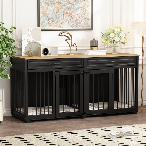 Famapy Elegant Double-Door Dog Crate Cabinet with Two Drawers and Spacious Compartments, Black