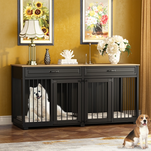 Famapy Elegant Double-Door Dog Crate Cabinet with Two Drawers and Spacious Compartments, Black