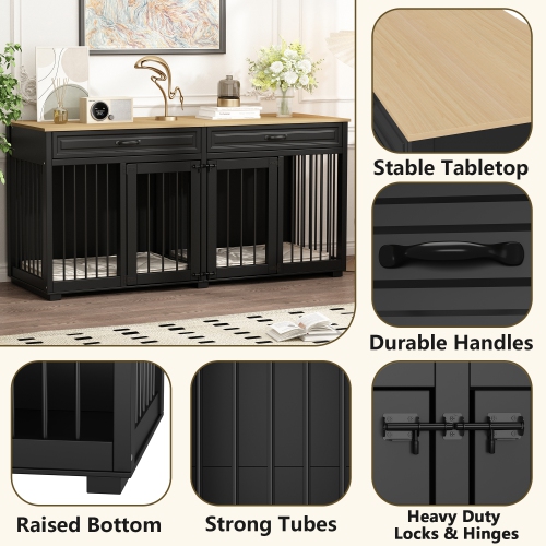 Famapy Elegant Double-Door Dog Crate Cabinet with Two Drawers and Spacious Compartments, Black