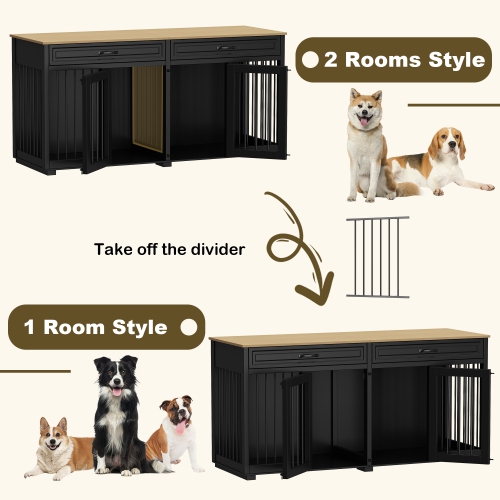 Famapy Elegant Double-Door Dog Crate Cabinet with Two Drawers and Spacious Compartments, Black