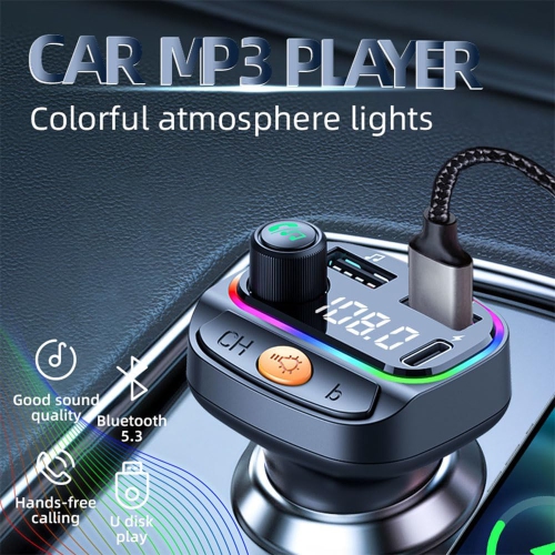 Émetteur FM pour voiture, lecteur MP3, récepteur audio mains libres avec adaptateur de recharge USB, récepteur/7 couleurs, LED rétroéclairé