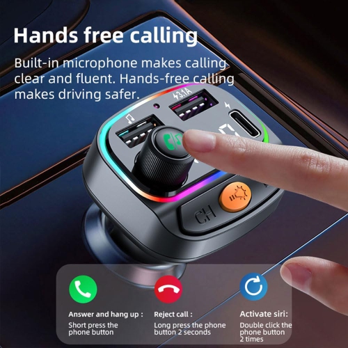 Émetteur FM pour voiture, lecteur MP3, récepteur audio mains libres avec adaptateur de recharge USB, récepteur/7 couleurs, LED rétroéclairé