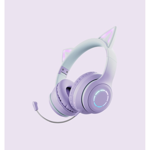 LED Light Up Cat Ear Gaming Headphones,Wireless Foldable Headphones with Microphone-purple